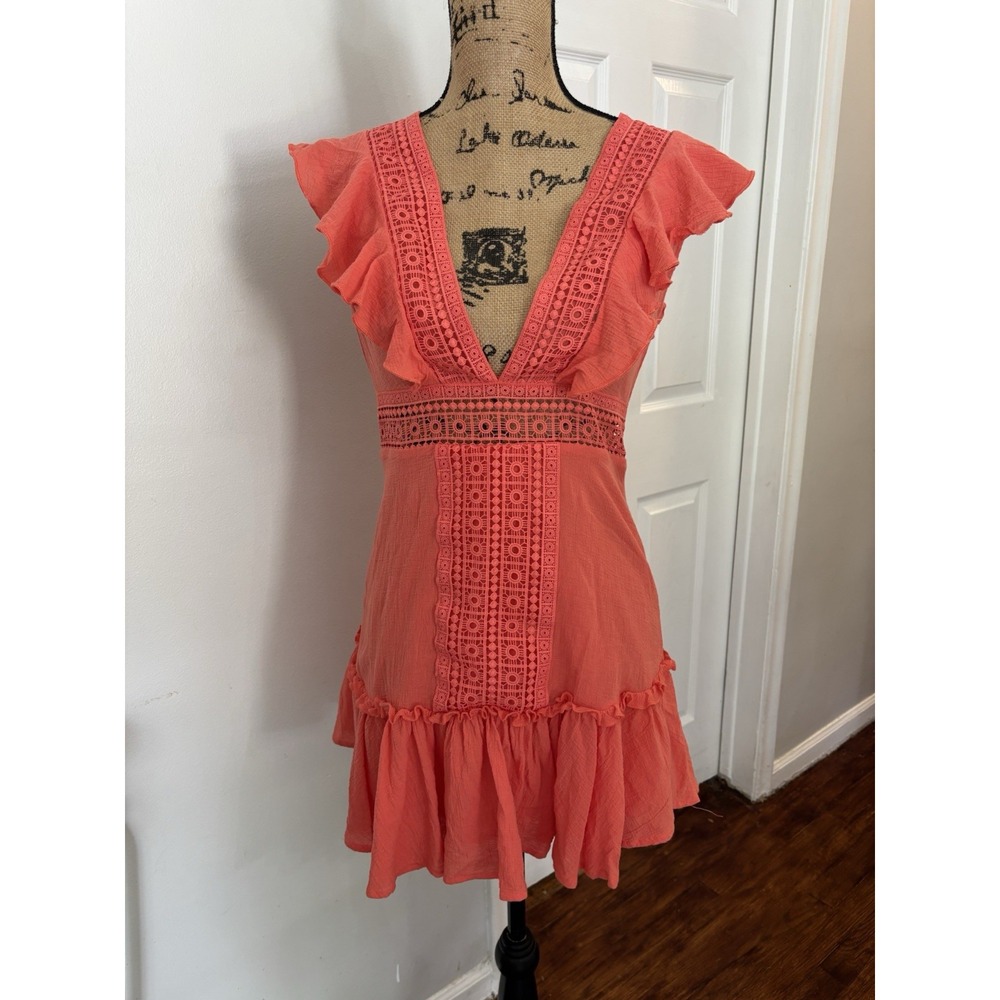 Les Sorurs Coral Boho Dress Crocheted‎ neckline size small ruffled Y2K